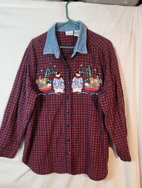 Bobbie Brooks Woman Red Plaid Holiday  Button-Up Shirt with Denim Collar
